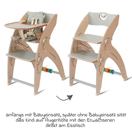 QuarttoLino Multifunktionaler Hochstuhl aus Holz - Hochstuhl, Schaukel, Treppe, Lerntower & Babywippe in einem bis 150 kg nutzbar - Grau