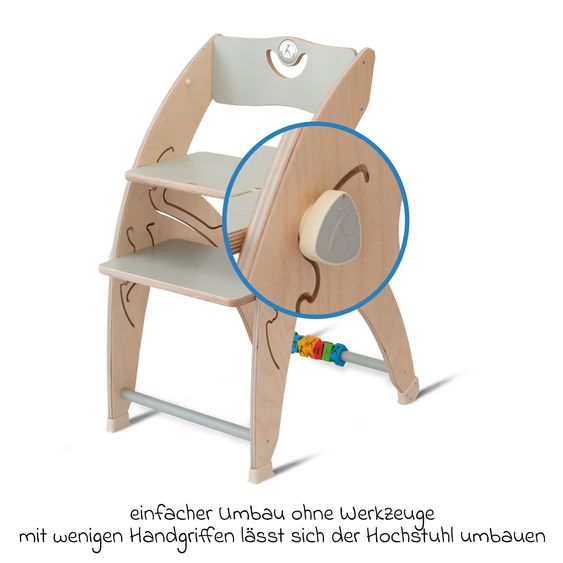 QuarttoLino Multifunktionaler Hochstuhl aus Holz - Hochstuhl, Schaukel, Treppe, Lerntower & Babywippe in einem bis 150 kg nutzbar - Grau