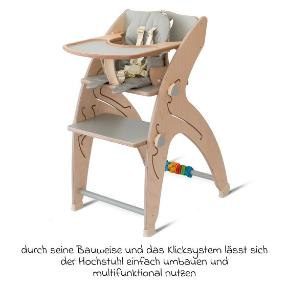 QuarttoLino Multifunktionaler Hochstuhl aus Holz - Hochstuhl, Schaukel, Treppe, Lerntower & Babywippe in einem bis 150 kg nutzbar - Grau