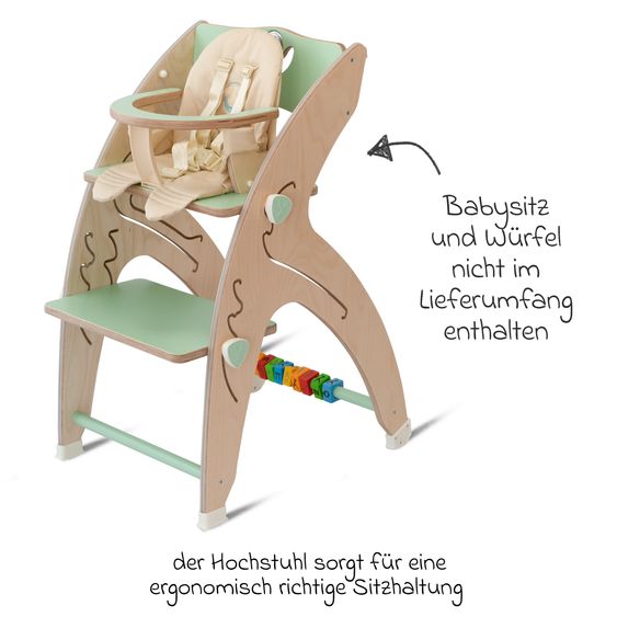 QuarttoLino Multifunktionaler Hochstuhl aus Holz - Hochstuhl, Schaukel, Treppe, Lerntower & Babywippe in einem bis 150 kg nutzbar - Grün