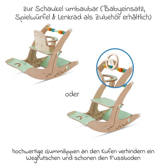 QuarttoLino Multifunktionaler Hochstuhl aus Holz - Hochstuhl, Schaukel, Treppe, Lerntower & Babywippe in einem bis 150 kg nutzbar - Grün