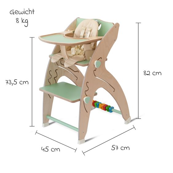 QuarttoLino Multifunktionaler Hochstuhl aus Holz - Hochstuhl, Schaukel, Treppe, Lerntower & Babywippe in einem bis 150 kg nutzbar - Grün