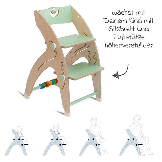 QuarttoLino Multifunktionaler Hochstuhl aus Holz - Hochstuhl, Schaukel, Treppe, Lerntower & Babywippe in einem bis 150 kg nutzbar - Grün