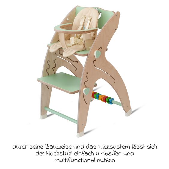 QuarttoLino Multifunktionaler Hochstuhl aus Holz - Hochstuhl, Schaukel, Treppe, Lerntower & Babywippe in einem bis 150 kg nutzbar - Grün