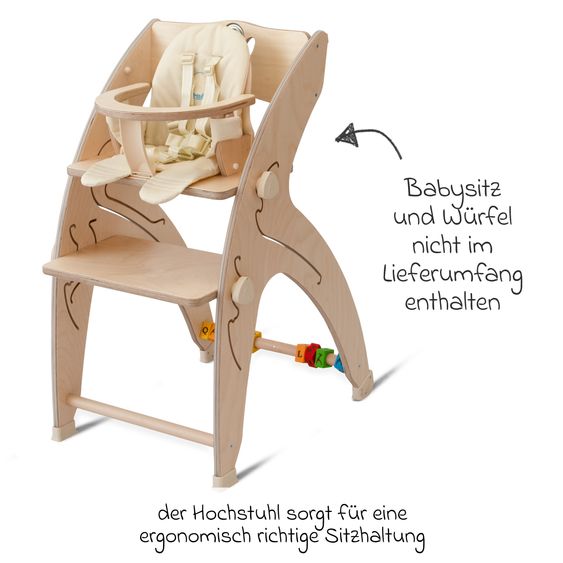 QuarttoLino Multifunktionaler Hochstuhl aus Holz - Hochstuhl, Schaukel, Treppe, Lerntower & Babywippe in einem bis 150 kg nutzbar - Natur