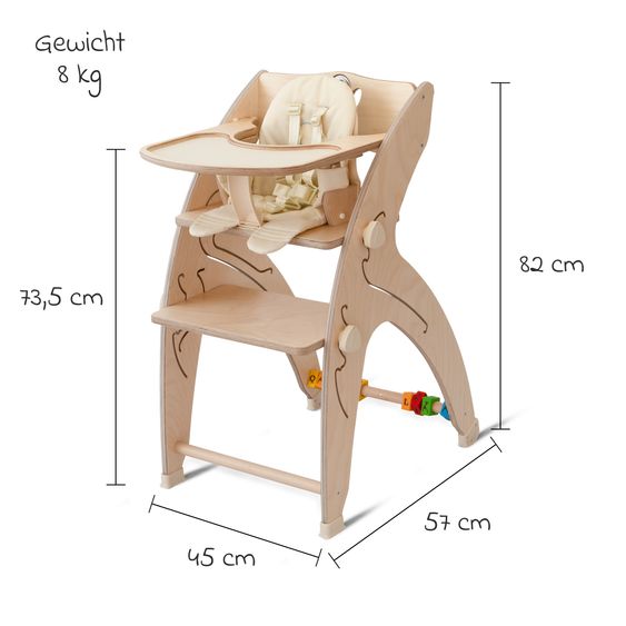 QuarttoLino Multifunktionaler Hochstuhl aus Holz - Hochstuhl, Schaukel, Treppe, Lerntower & Babywippe in einem bis 150 kg nutzbar - Natur