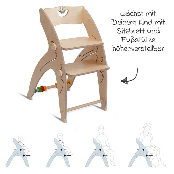 QuarttoLino Multifunktionaler Hochstuhl aus Holz - Hochstuhl, Schaukel, Treppe, Lerntower & Babywippe in einem bis 150 kg nutzbar - Natur