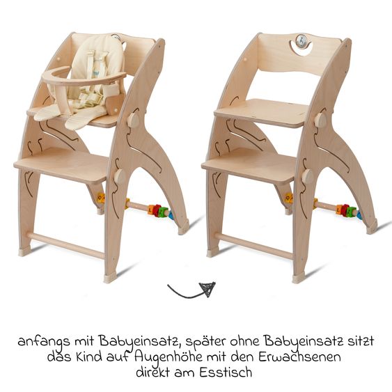 QuarttoLino Multifunktionaler Hochstuhl aus Holz - Hochstuhl, Schaukel, Treppe, Lerntower & Babywippe in einem bis 150 kg nutzbar - Natur