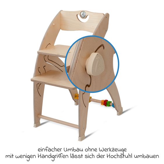 QuarttoLino Multifunktionaler Hochstuhl aus Holz - Hochstuhl, Schaukel, Treppe, Lerntower & Babywippe in einem bis 150 kg nutzbar - Natur