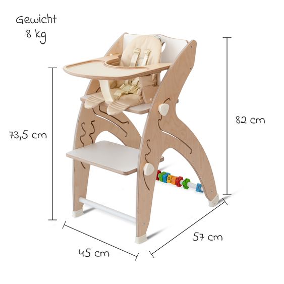 QuarttoLino Seggiolone multifunzionale in legno - seggiolone, altalena, scala, torre di apprendimento e sdraietta in un unico prodotto, utilizzabile fino a 150 kg - bianco