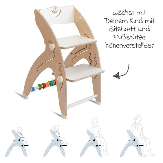 QuarttoLino Multifunktionaler Hochstuhl aus Holz - Hochstuhl, Schaukel, Treppe, Lerntower & Babywippe in einem bis 150 kg nutzbar - Weiß