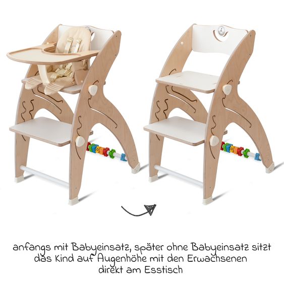 QuarttoLino Multifunktionaler Hochstuhl aus Holz - Hochstuhl, Schaukel, Treppe, Lerntower & Babywippe in einem bis 150 kg nutzbar - Weiß