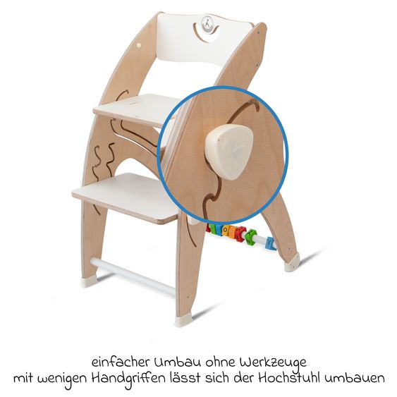 QuarttoLino Multifunctional wooden high chair - high chair, swing, staircase, learning tower & baby bouncer in one, usable up to 150 kg - white