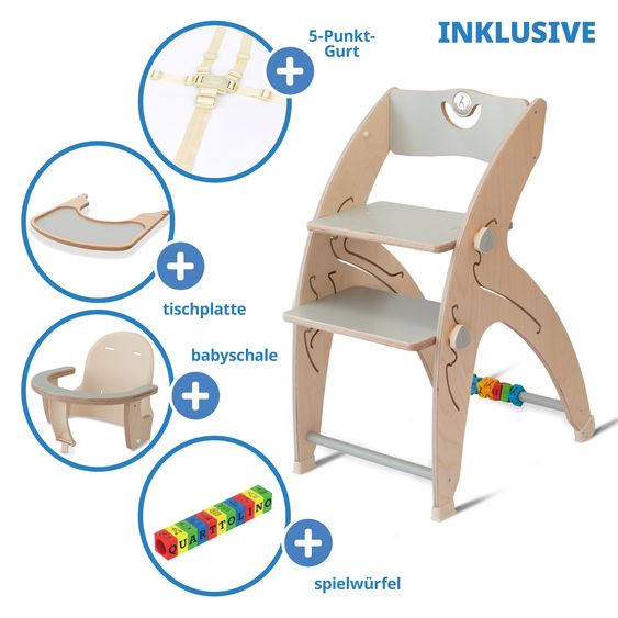 QuarttoLino Multifunktionaler Hochstuhl-Set inkl. Babysitz, Tischplatte, Spielwürfel, Sicherheitsgurt - Hochstuhl, Schaukel, Treppe, Lerntower & Babywippe in einem bis 150 kg nutzbar - Grau