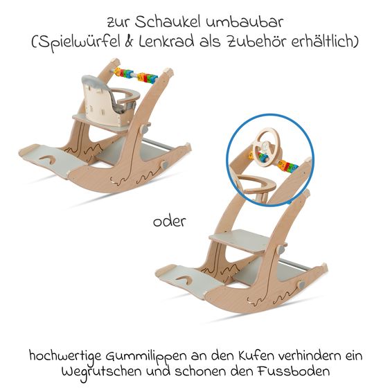 QuarttoLino Multifunktionaler Hochstuhl-Set inkl. Babysitz, Tischplatte, Spielwürfel, Sicherheitsgurt - Hochstuhl, Schaukel, Treppe, Lerntower & Babywippe in einem bis 150 kg nutzbar - Grau