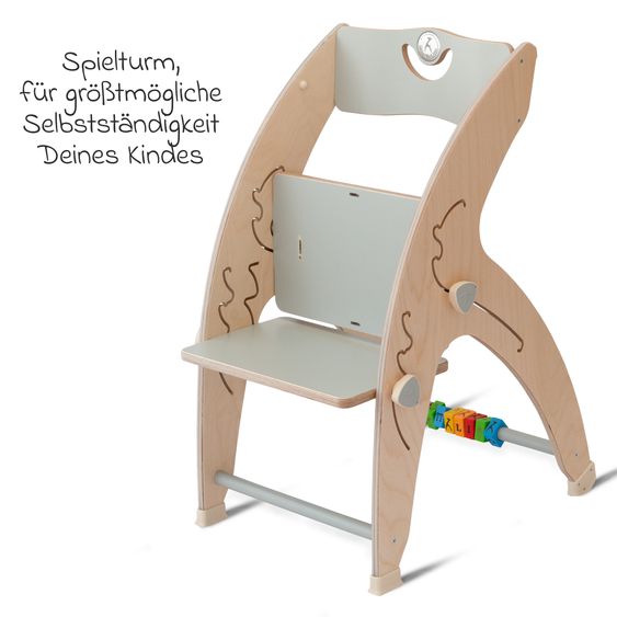 QuarttoLino Multifunktionaler Hochstuhl-Set inkl. Babysitz, Tischplatte, Spielwürfel, Sicherheitsgurt - Hochstuhl, Schaukel, Treppe, Lerntower & Babywippe in einem bis 150 kg nutzbar - Grau