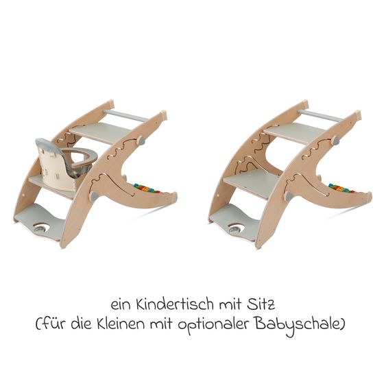 QuarttoLino Multifunktionaler Hochstuhl-Set inkl. Babysitz, Tischplatte, Spielwürfel, Sicherheitsgurt - Hochstuhl, Schaukel, Treppe, Lerntower & Babywippe in einem bis 150 kg nutzbar - Grau