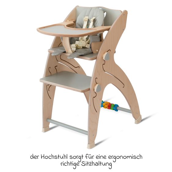 QuarttoLino Multifunctional high chair set incl. baby seat, table top, play cube, safety harness - high chair, swing, stairs, learning tower & baby bouncer in one usable up to 150 kg - gray