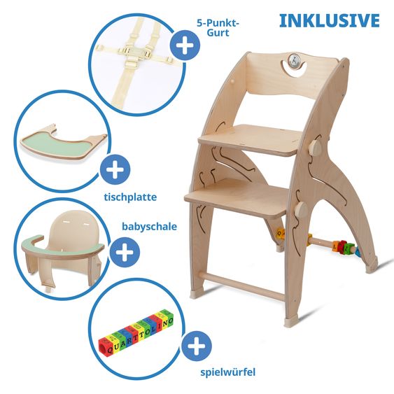 QuarttoLino Multifunktionaler Hochstuhl-Set inkl. Babysitz, Tischplatte, Spielwürfel, Sicherheitsgurt - Hochstuhl, Schaukel, Treppe, Lerntower & Babywippe in einem bis 150 kg nutzbar - Grün