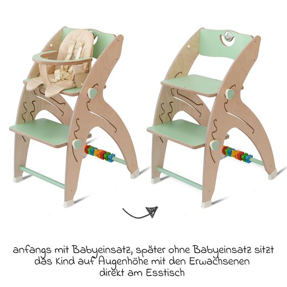 QuarttoLino Multifunktionaler Hochstuhl-Set inkl. Babysitz, Tischplatte, Spielwürfel, Sicherheitsgurt - Hochstuhl, Schaukel, Treppe, Lerntower & Babywippe in einem bis 150 kg nutzbar - Grün