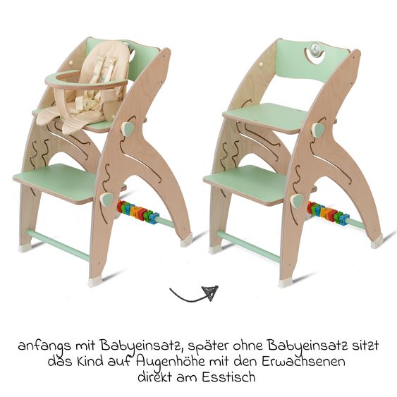 QuarttoLino Multifunctional high chair set incl. baby seat, table top, play cube, safety belt - high chair, swing, stairs, learning tower & baby bouncer in one, usable up to 150 kg - green