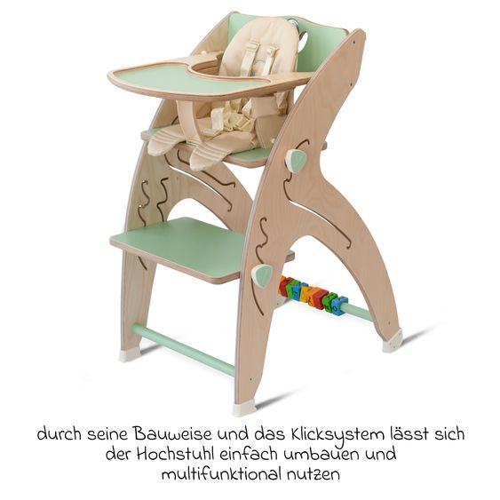 QuarttoLino Multifunctional high chair set incl. baby seat, table top, play cube, safety belt - high chair, swing, stairs, learning tower & baby bouncer in one, usable up to 150 kg - green