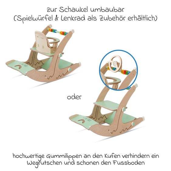 QuarttoLino Multifunktionaler Hochstuhl-Set inkl. Babysitz, Tischplatte, Spielwürfel, Sicherheitsgurt - Hochstuhl, Schaukel, Treppe, Lerntower & Babywippe in einem bis 150 kg nutzbar - Grün