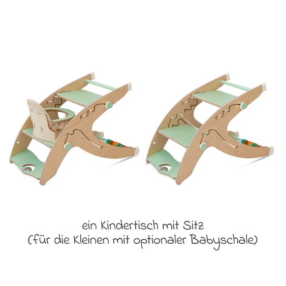 QuarttoLino Multifunktionaler Hochstuhl-Set inkl. Babysitz, Tischplatte, Spielwürfel, Sicherheitsgurt - Hochstuhl, Schaukel, Treppe, Lerntower & Babywippe in einem bis 150 kg nutzbar - Grün