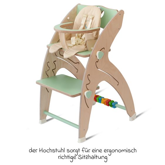 QuarttoLino Multifunktionaler Hochstuhl-Set inkl. Babysitz, Tischplatte, Spielwürfel, Sicherheitsgurt - Hochstuhl, Schaukel, Treppe, Lerntower & Babywippe in einem bis 150 kg nutzbar - Grün