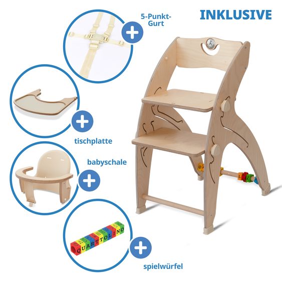 QuarttoLino Multifunktionaler Hochstuhl-Set inkl. Babysitz, Tischplatte, Spielwürfel, Sicherheitsgurt - Hochstuhl, Schaukel, Treppe, Lerntower & Babywippe in einem bis 150 kg nutzbar - Natur