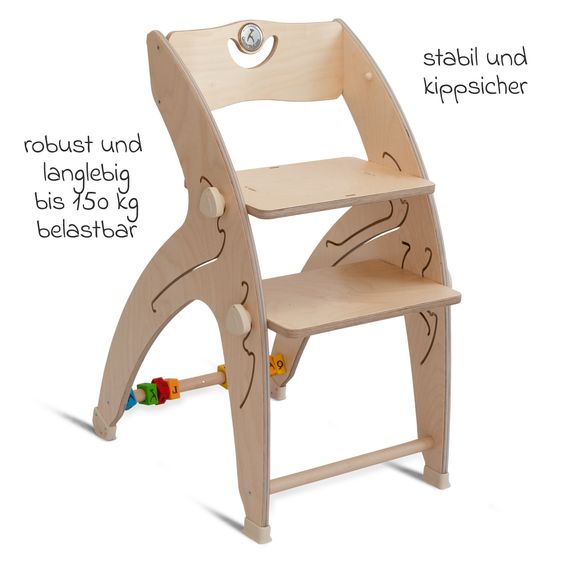 QuarttoLino Multifunctional high chair set incl. baby seat, table top, play cube, safety harness - high chair, swing, stairs, learning tower & baby bouncer in one, usable up to 150 kg - nature