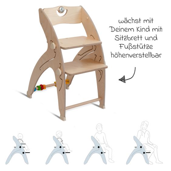 QuarttoLino Multifunktionaler Hochstuhl-Set inkl. Babysitz, Tischplatte, Spielwürfel, Sicherheitsgurt - Hochstuhl, Schaukel, Treppe, Lerntower & Babywippe in einem bis 150 kg nutzbar - Natur