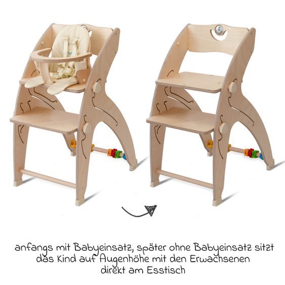 QuarttoLino Multifunctional high chair set incl. baby seat, table top, play cube, safety harness - high chair, swing, stairs, learning tower & baby bouncer in one, usable up to 150 kg - nature