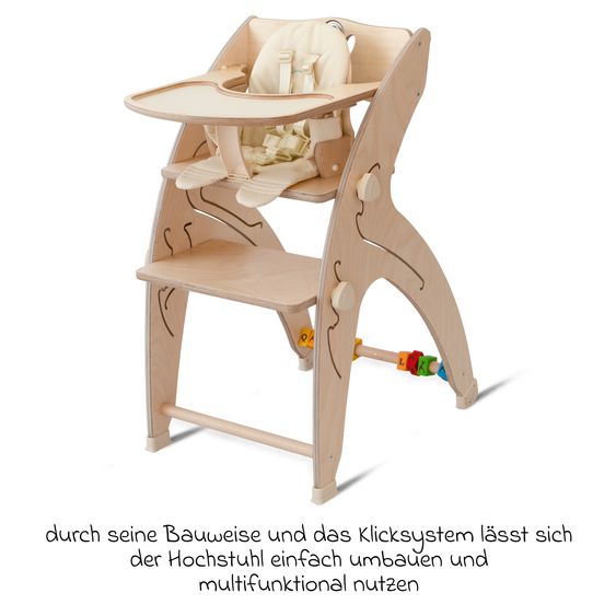 QuarttoLino Multifunctional high chair set incl. baby seat, table top, play cube, safety harness - high chair, swing, stairs, learning tower & baby bouncer in one, usable up to 150 kg - nature