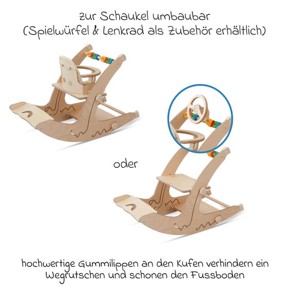 QuarttoLino Multifunktionaler Hochstuhl-Set inkl. Babysitz, Tischplatte, Spielwürfel, Sicherheitsgurt - Hochstuhl, Schaukel, Treppe, Lerntower & Babywippe in einem bis 150 kg nutzbar - Natur