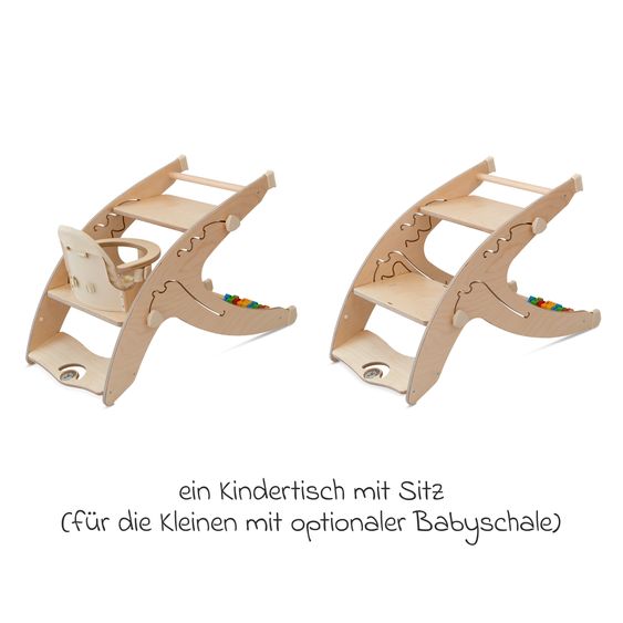 QuarttoLino Multifunktionaler Hochstuhl-Set inkl. Babysitz, Tischplatte, Spielwürfel, Sicherheitsgurt - Hochstuhl, Schaukel, Treppe, Lerntower & Babywippe in einem bis 150 kg nutzbar - Natur