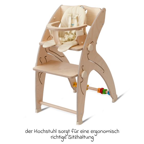 QuarttoLino Multifunctional high chair set incl. baby seat, table top, play cube, safety harness - high chair, swing, stairs, learning tower & baby bouncer in one, usable up to 150 kg - nature