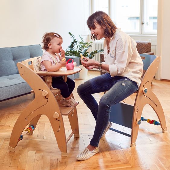 QuarttoLino Multifunctional high chair set incl. baby seat, table top, play cube, safety harness - high chair, swing, stairs, learning tower & baby bouncer in one, usable up to 150 kg - nature