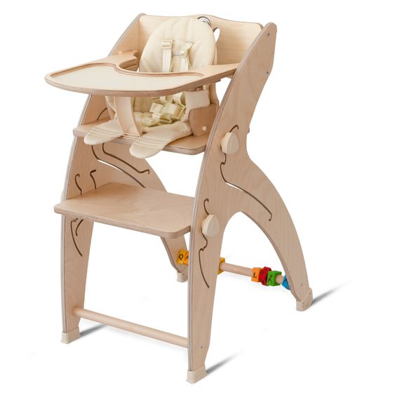 QuarttoLino Multifunctional high chair set incl. baby seat, table top, play cube, safety harness - high chair, swing, stairs, learning tower & baby bouncer in one, usable up to 150 kg - nature