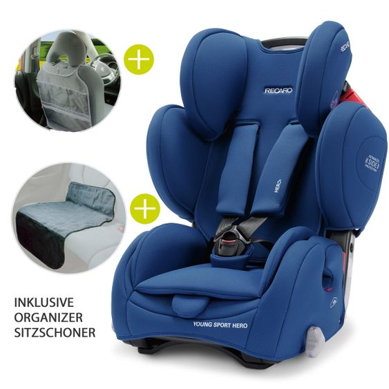 Recaro Kindersitz Young Sport Hero Gruppe 1/2/3 - ab 9 Monate - 12 Jahre ( 9-36 kg) + Zubehörpaket - Core - Energy Blue