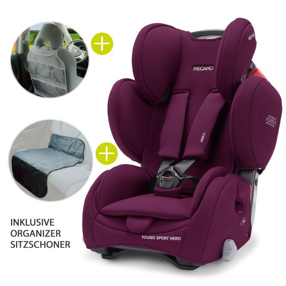 Recaro Kindersitz Young Sport Hero Gruppe 1/2/3 - ab 9 Monate - 12 Jahre ( 9-36 kg) + Zubehörpaket - Core - Very Berry
