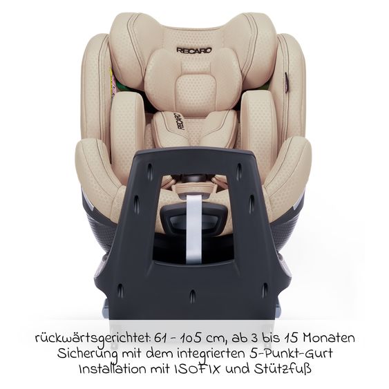 Recaro Rear-facing car seat Xenon 1 Kid swivel from 3 months - 7 years (61 cm - 125 cm) with seat reducer incl. Isofix base with support leg - Elegant Beige