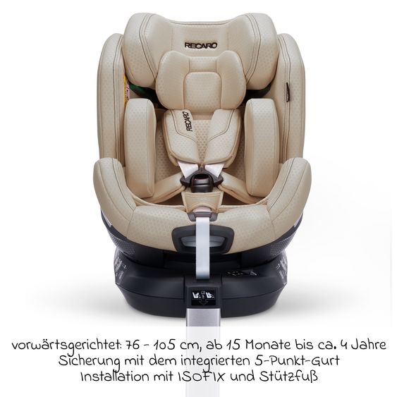 Recaro Rear-facing car seat Xenon 1 Kid swivel from 3 months - 7 years (61 cm - 125 cm) with seat reducer incl. Isofix base with support leg - Elegant Beige