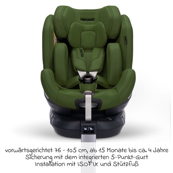 Recaro Rear-facing car seat Xenon 1 Kid swivel from 3 months - 7 years (61 cm - 125 cm) with seat reducer incl. Isofix base with support leg - Epic Green