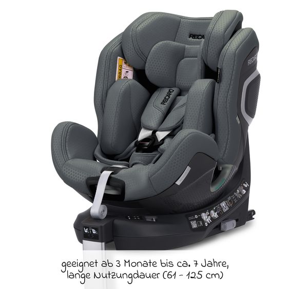 Recaro Reboarder-Kindersitz Xenon 1 Kid drehbar ab 3 Monate - 7 Jahre (61 cm - 125 cm) mit Sitzverkleinerer inkl. Isofix-Basis mit Stützfuß - Gallant Grey