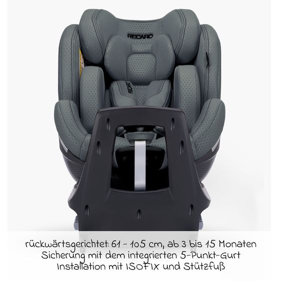 Recaro Reboarder-Kindersitz Xenon 1 Kid drehbar ab 3 Monate - 7 Jahre (61 cm - 125 cm) mit Sitzverkleinerer inkl. Isofix-Basis mit Stützfuß - Gallant Grey