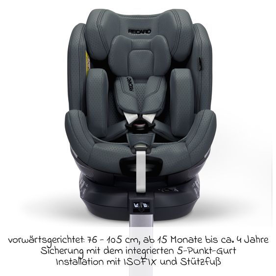 Recaro Reboarder-Kindersitz Xenon 1 Kid drehbar ab 3 Monate - 7 Jahre (61 cm - 125 cm) mit Sitzverkleinerer inkl. Isofix-Basis mit Stützfuß - Gallant Grey