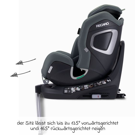Recaro Reboarder-Kindersitz Xenon 1 Kid drehbar ab 3 Monate - 7 Jahre (61 cm - 125 cm) mit Sitzverkleinerer inkl. Isofix-Basis mit Stützfuß - Gallant Grey
