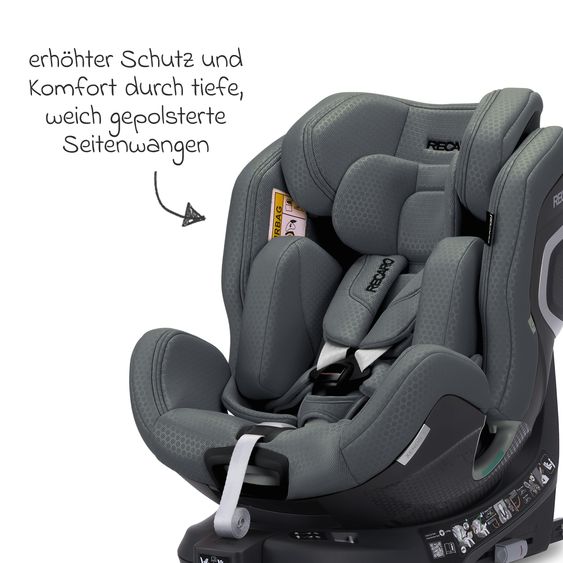 Recaro Reboarder-Kindersitz Xenon 1 Kid drehbar ab 3 Monate - 7 Jahre (61 cm - 125 cm) mit Sitzverkleinerer inkl. Isofix-Basis mit Stützfuß - Gallant Grey