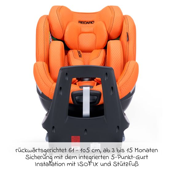 Recaro Rear-facing car seat Xenon 1 Kid swivel from 3 months - 7 years (61 cm - 125 cm) with seat reducer incl. Isofix base with support leg - Vibrant Orange